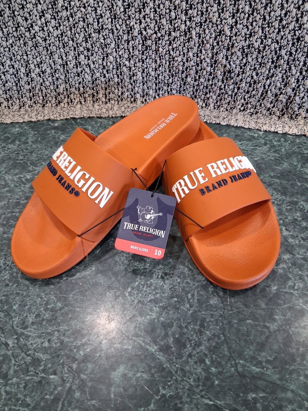 True Religion TR Weezy Slides Mens Size 10 Orange White Slip On Sandals NWT